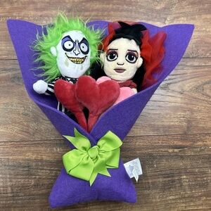 Valentine’s Day Beetlejuice and Lydia Plush Toys Bouquet with Purple Wrap New